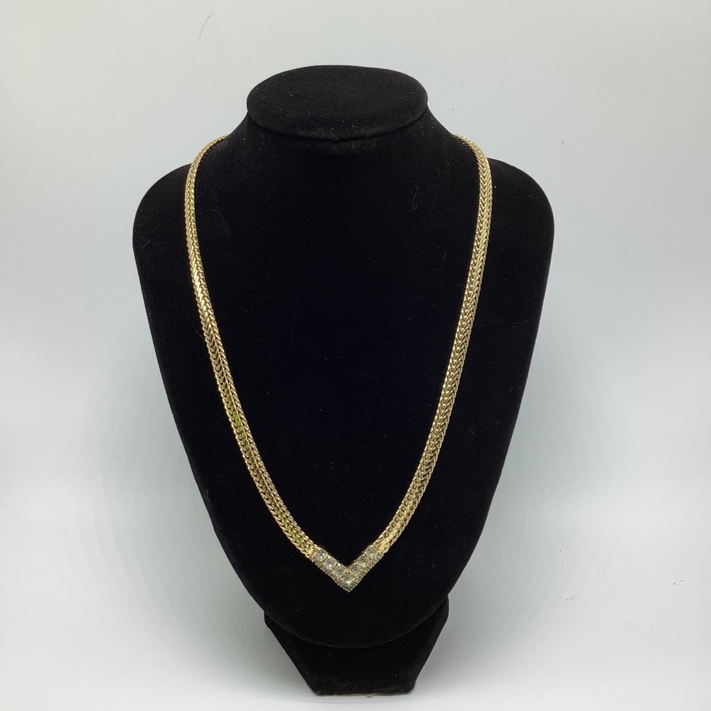 Vtg‎ Gold Tone Chevron Herringbone V Shaped Chain Necklace w/ Clear Rhinestones